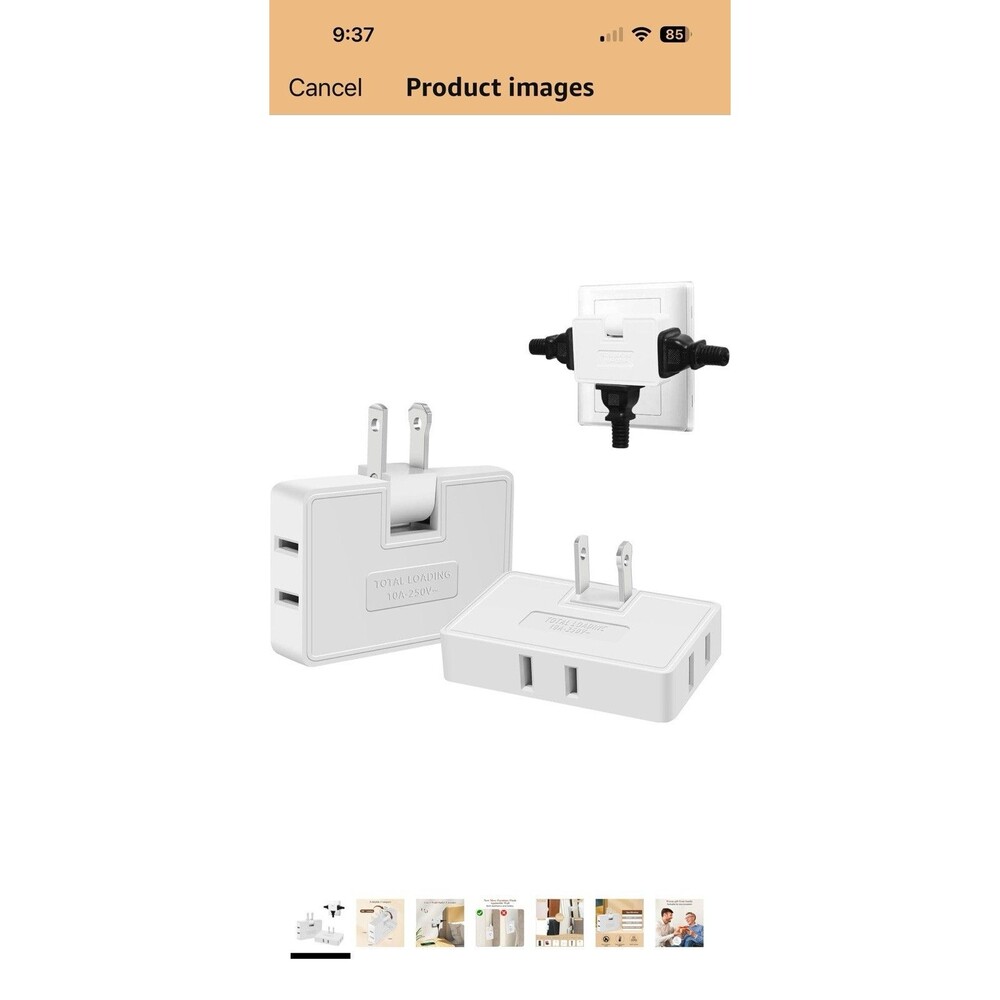 2 Pack 3-Way Flat Outlet Adapter 2-Prong Swivel Wall Tap Outlet AC Adapter
